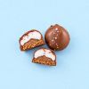 Doorgesneden chocolade mello cakes karamel zeezout met marshmallowvulling en koekbodem
