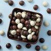 Biologische chocolade kruidnoten gemengd in een vierkante schaal
