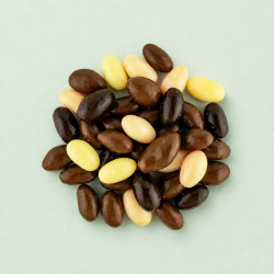 Chocolade jelly beans op lichtgroene achtergrond