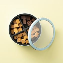 Bewaarblik met vier vakken gevuld met verschillende soorten fudge en los deksel
