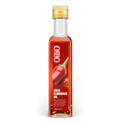 Glazen fles zonnebloemolie met chilismaak van het merk Oilio 250ml