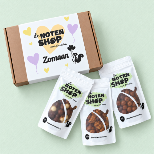 Geschenkpakket chocolade zomaar met drie zakjes chocolade en cadeaubox