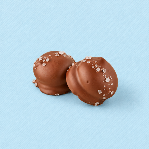 Chocolade mello cakes karamel zeezout met zeezoutkorrels op lichtblauwe achtergrond Chocolade mello cakes karamel zeezout met zeezoutkorrels op lichtblauwe achtergrond