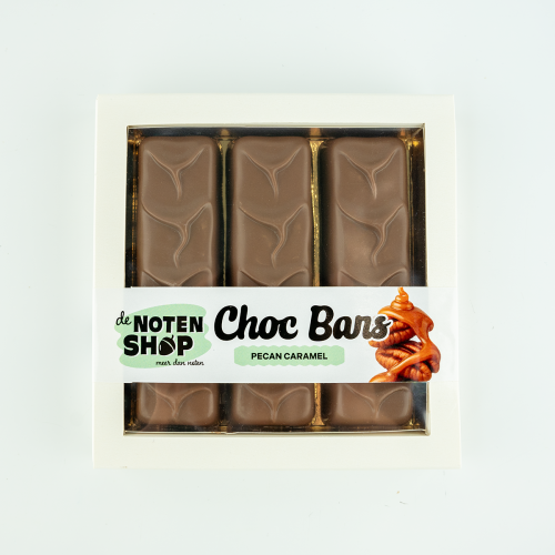 Choc bars pecan/karamel 3 stuks in verpakking van De Notenshop