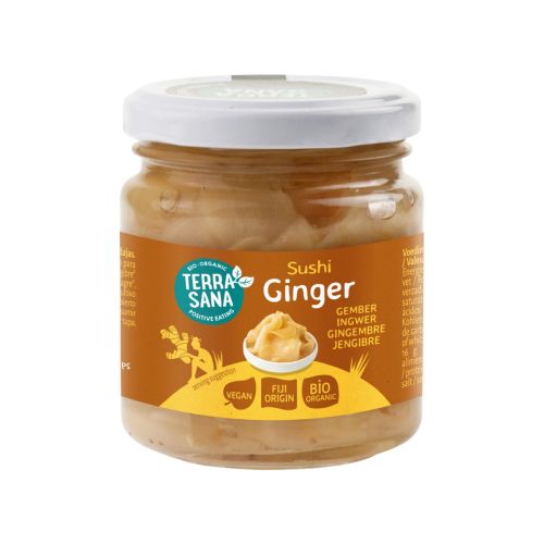 Glazen potje met rood etiket met sushi ginger gember van het merk Terrasana