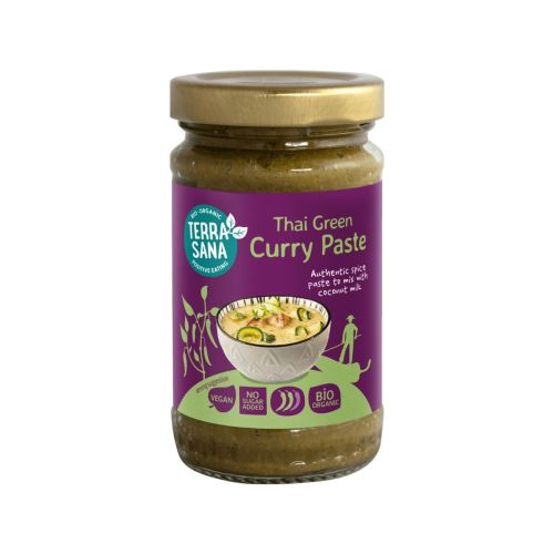 Glazen potje thaise groene currypasta biologisch van het merk Terrasana