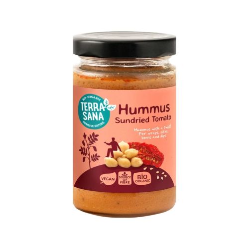 Glazen potje hummus zongedroogde tomaat biologisch 190 gram van het merk Terrasana