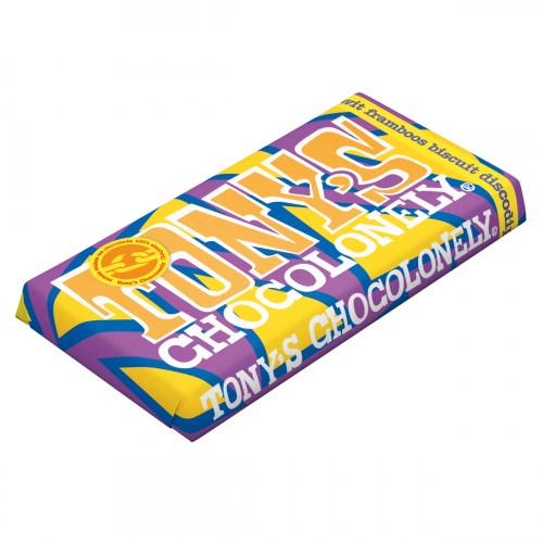 Tony's Chocolonely wit framboos biscuit discodip