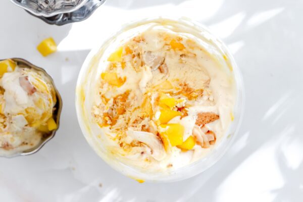 Getoaste kokos ijs met mango swirls